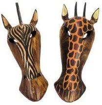 10" Pair Of Giraffe And Zebra Hand Carved Tribal Head Masks Scratch And Dent - $24.69