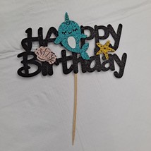 Narwhal Happy Birthday Cake Topper Glitter Black Blue Gold - $12.87