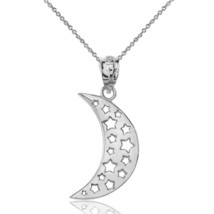 Solid 14k White Gold Dreaming Moon Crescent Stars Pendant Necklace - £105.17 GBP+