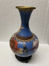 Jingfa Cloisonne Enamel Brass Vase VTG Colorful Floral Design 10.25 tall Bird - £79.02 GBP