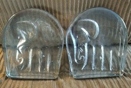 Joel Myers Blenko Elephant Bookend Pair Clear MCM Art Glass West Virginia Made - £73.26 GBP