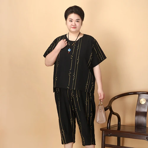 Fat Mom Summer Cotton and Hemp Set Fat mm Short Sleeve T-shirt Plus Size... - $182.81