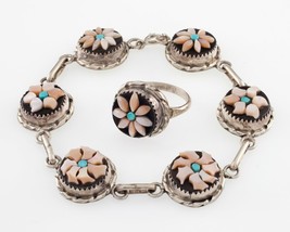 Rose Calavaza Zuni Pink Shell, Jet, Turquoise Bracelet and Matching Ring... - £284.63 GBP