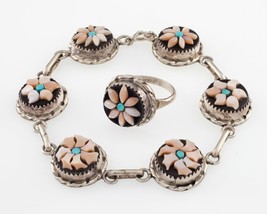 Rose Calavaza Zuni Pink Shell, Jet, Turquoise Bracelet and Matching Ring... - £289.15 GBP