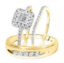 3 CT. T.W. Princess Cut Diamond 14K Yellow Gold Over Wedding Band Trio Ring Set - £107.16 GBP