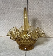 Vintage Fenton Amber Glass Basket Diamondpoint Ribbon Ruffle Edge Small MCM - $17.82