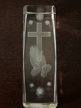 3D Laser Cut Art Glass Holographic Paperweight Religious Praying Hands And Cross - £12.39 GBP