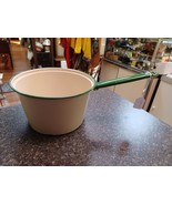 Vintage Cream w/ Green Enamelware 9&quot; Round Sauce Pan  Farmhouse - $40.70 CAD