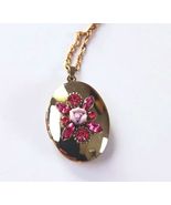 Pink Rhinestone Rose Locket Necklace | Vintage Long Gold Keepsake Gift - $36.99