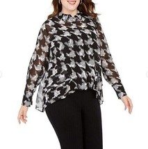 INC Womens L Black White Houndstooth Printed Sheer Button Up Top NWT DH38 - $34.29