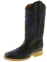 Womens Western Boots Cowboy Black Leather Blue Sequins Heart Wings 4.5, ... - $77.60