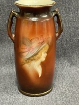 Antique Czech Porcelain 5.5” Vase Woman Portrait Dual Handles Brown Gold Trim - £11.56 GBP