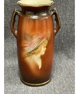 Antique Czech Porcelain 5.5” Vase Woman Portrait Dual Handles Brown Gold... - $14.75