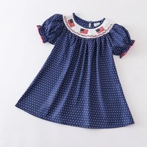NEW Boutique 4th of July Girls Embroidered US Flag Smocked Blue Dress - £4.71 GBP+