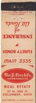 Matchbook Cover William P Zinn Insurance Real Estate Columbus Ohio - $0.67