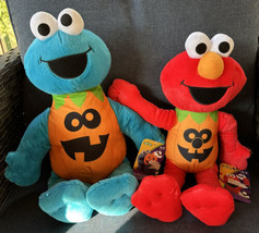 Sesame Street Halloween Plush Elmo &amp; Cookie Monster In Pumpkin Costumes NWT 16” - £39.90 GBP