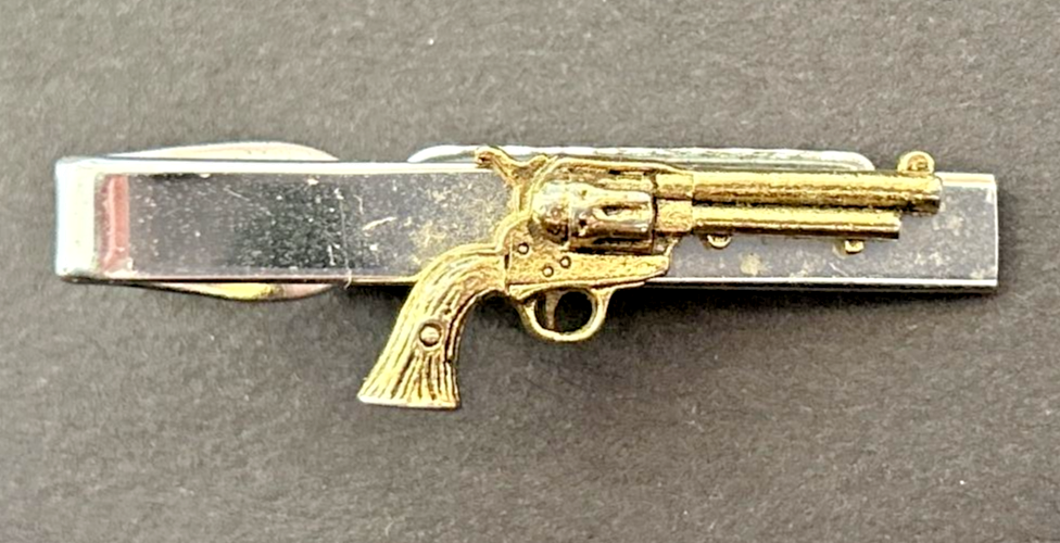 Shields Revolver Gun Shaped Tie Bar Clip Silver & Gold Tone 1.5" PB74 - $14.99