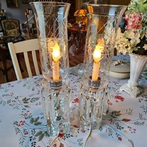 Antique Pair 30&#39;s Crystal Hurricane Lamps, 18 3/4“ Prisms Etched Shades Vintage - £257.51 GBP