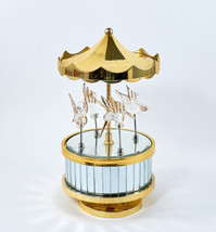 Humming Birds Mirrored Glass Carousel Music Box Clear &amp; Gold Works 8&quot; Tall - $12.99