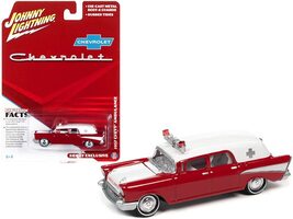 1/64 Johnny Lightning 1957 Chevy Ambulance Kosmos Red and White with Whi... - $372.80 MXN