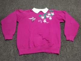 VINTAGE Hanes Morning Sun Sweater Women Medium Pink Flower Humming Bird Y2K - £21.75 GBP