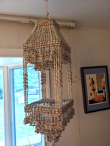 1970s Cowrie Shell Macrame Hanging Chandelier Plant Holder Boho 40 Inch Tall - £72.53 GBP