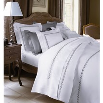 Yves Delorme White Queen Flat Sheet Grey Laurel Embroidery Sateen Laurier NEW - £111.90 GBP