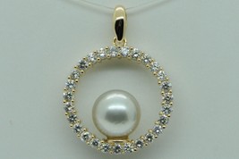 Custom PF 14K Yellow Gold Diamond Circle Pendant w/ 7.6mm Japanese Akoya Pearl - £549.33 GBP