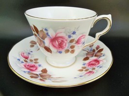 Queen Anne English Tea Cup Saucer Set Bone China Pink Roses Blue Brown - £12.05 GBP