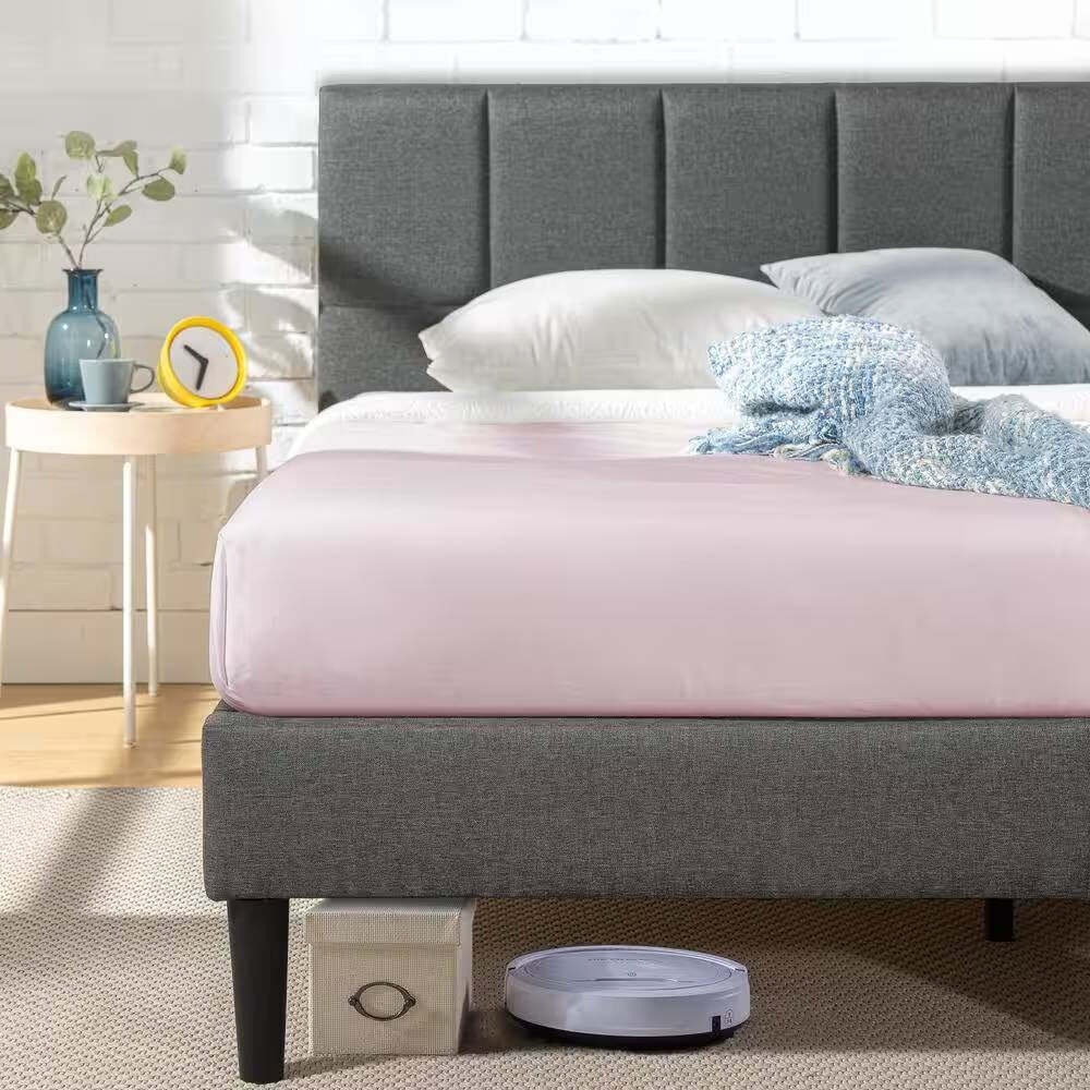 Full Size Grey Upholstered Platform Bed Padded Headboard Item image 5