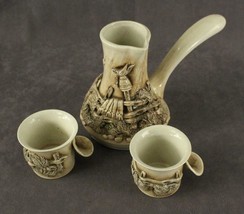 Vintage Studio Art Pottery Chocolate Pot &amp; Cups Set Embossed Country Fence - £25.70 GBP