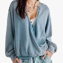 We The Free People Anyway Tee Suplice Top V Neck Faux Wrap Deep Teal Blue M - £26.92 GBP