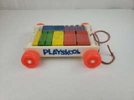 Vintage Playskool Pull Wagon With 13 Colored Wood Blocks Shapes Stacking... - £19.66 GBP