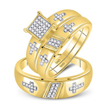 10k Yellow Gold His Her Diamond Cross Matching Bridal Wedding Ring Set - £568.69 GBP