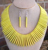 Exotic Boho Bright Yellow Turquoise Sticks Beaded Necklace And Earrings Ethnic - £23.87 GBP