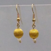 Fluted Bead Dangle Earrings, Vintage Gold Tone  and Seed Pearl Drop - £20.11 GBP