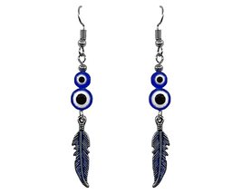 Double Evil Eye Bead Colored Metal Feather Charm Dangle Earrings - Nazar Fashion - $17.81