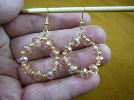 (EE-803-2) Pink 8x6 mm beaded Austrian crystal hoop dangle circle gold earrings - £27.19 GBP