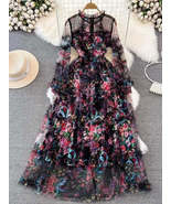 French Elegant Print Gorgeous Flower Cascading Ruffles Long Dress - $175.95