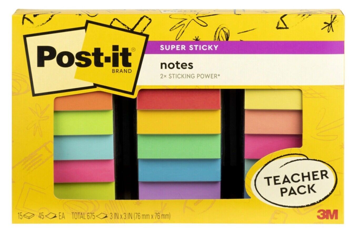 Primary image for 3M Post-It Notes Teacher Pack, 3x3 Lot of 15 Pads (675 Sheets Total), Multicolor