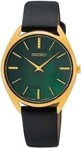 Seiko Women&#39;s Green Mother of Pearl Dial Black Leather Band Quartz Watch - $215.95