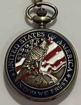 Pocket Watch with Chain Patriotic USA Flag In God We Trust Eagle Retro New - £9.66 GBP