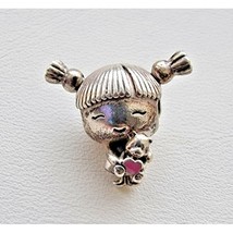 PANDORA ALE 925 STERLING SILVER GIRL WITH PIGTAILS, TEDDY BEAR PINK HEAR... - $37.32