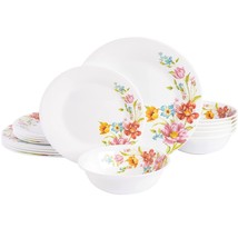Floral Dinnerware Set For 6 Dishes Plates Bowls Salad White Glass Round 18 Piece - £46.51 GBP