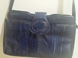 Vintage Genuine Eel Skin Navy Blue Handbag Shoulder Bag with Suede Lining - £54.45 GBP