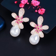 Geometric Red Cubic Zirconia Flower Big Dangle Drop Pearl Earrings for Women Lux - £18.42 GBP