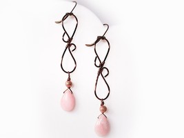 Wire Wrapped Antique Copper earrings with Pink Opal accent dangle earrings for w - $23.00