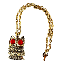 Necklace Vintage Owl Womens Goldtone Red Eyes - £8.69 GBP