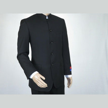 Men Apollo King Banded Collarless suit Mandarin 5 Button Wide leg M5-1 Black image 5