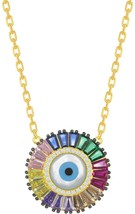 Evil Eye Rainbow Baguette CZ Gold-plated Sterling Silver Pendant Chain Necklace - £68.33 GBP